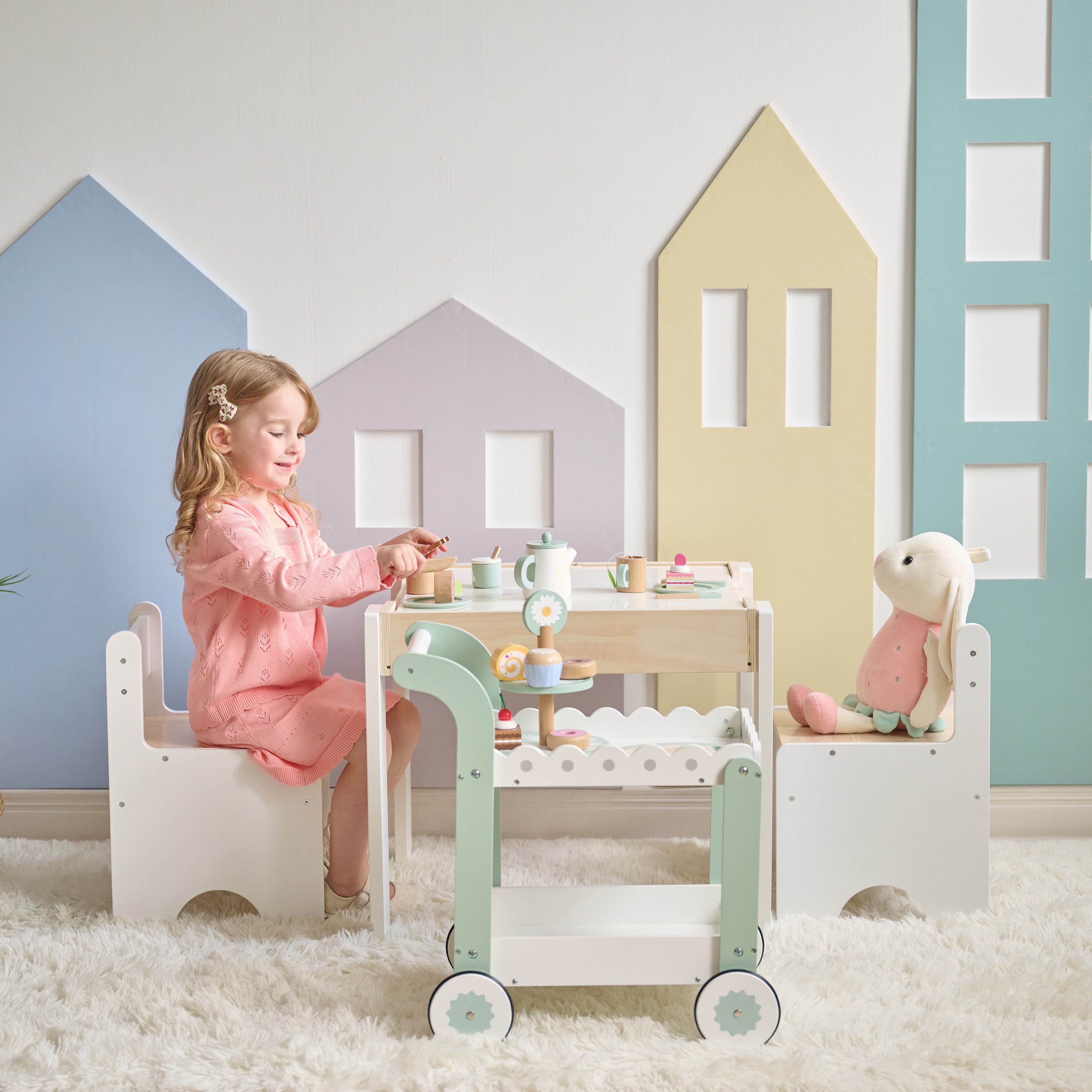  Teamson Kids -  Afternoon Sip Wood Dessert Cart with 21 Pieces & Rotatable Wheels -  Preschool