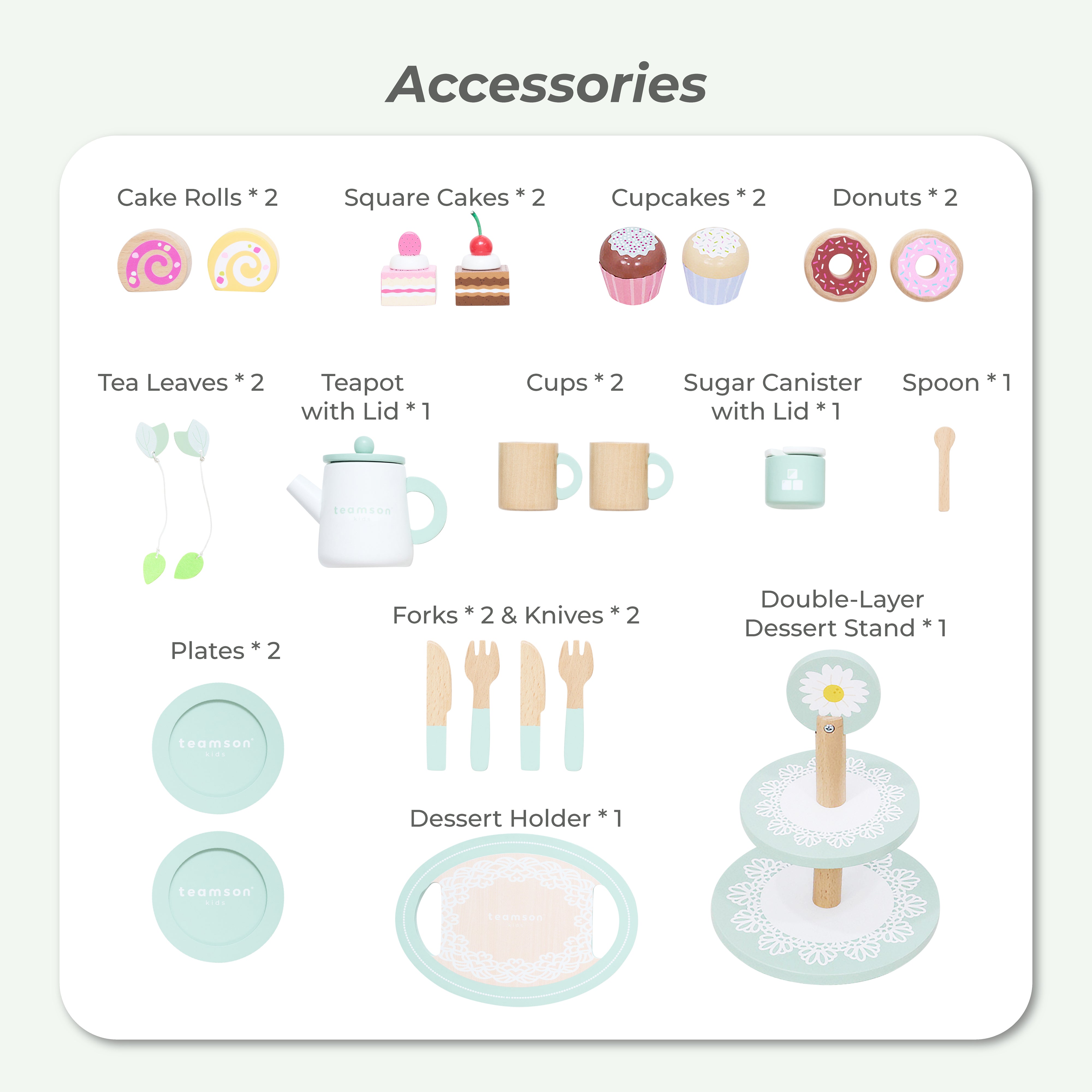  Teamson Kids -  Afternoon Sip Wood Dessert Cart with 21 Pieces & Rotatable Wheels -  Preschool