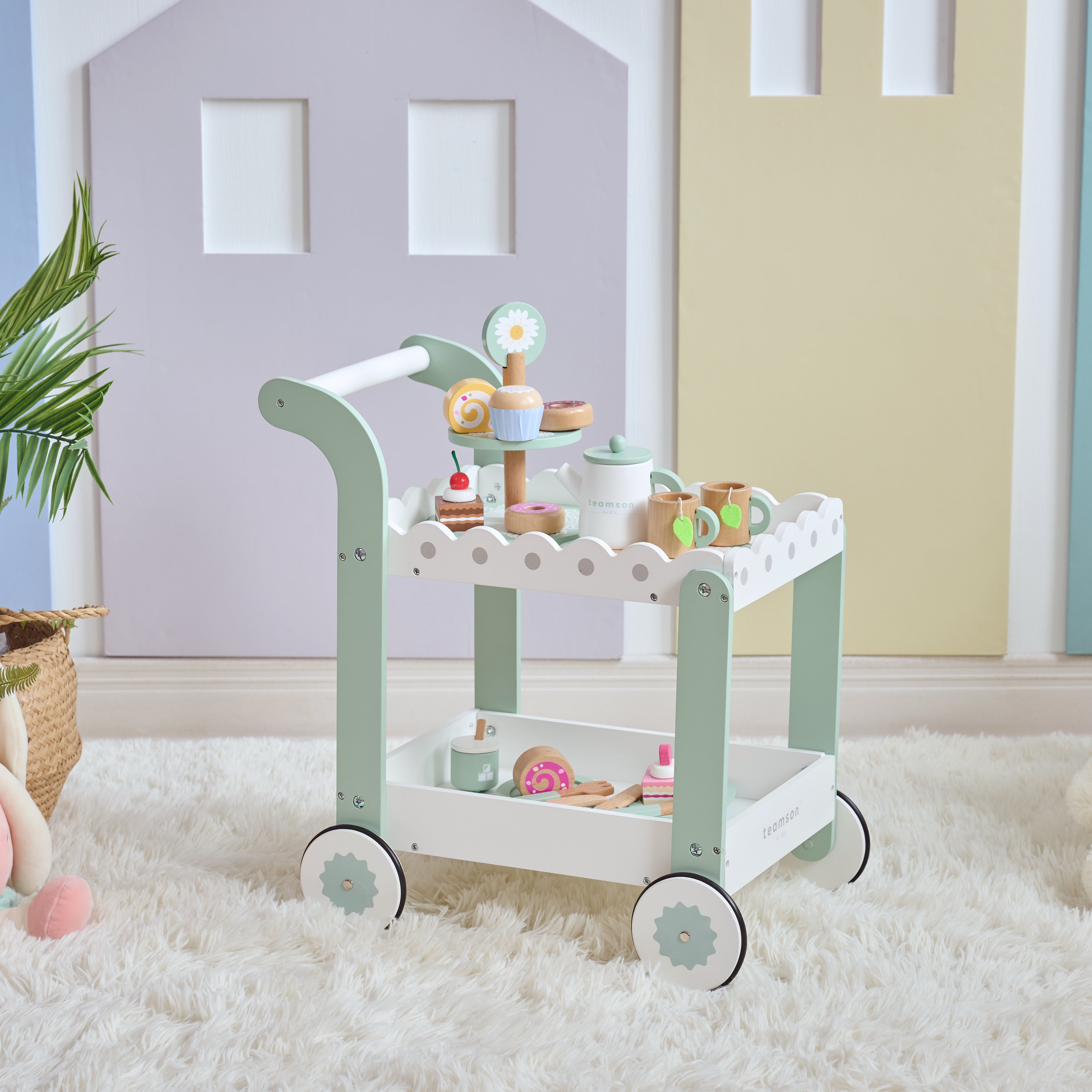 Teamson Kids -  Afternoon Sip Wood Dessert Cart with 21 Pieces & Rotatable Wheels -  Preschool