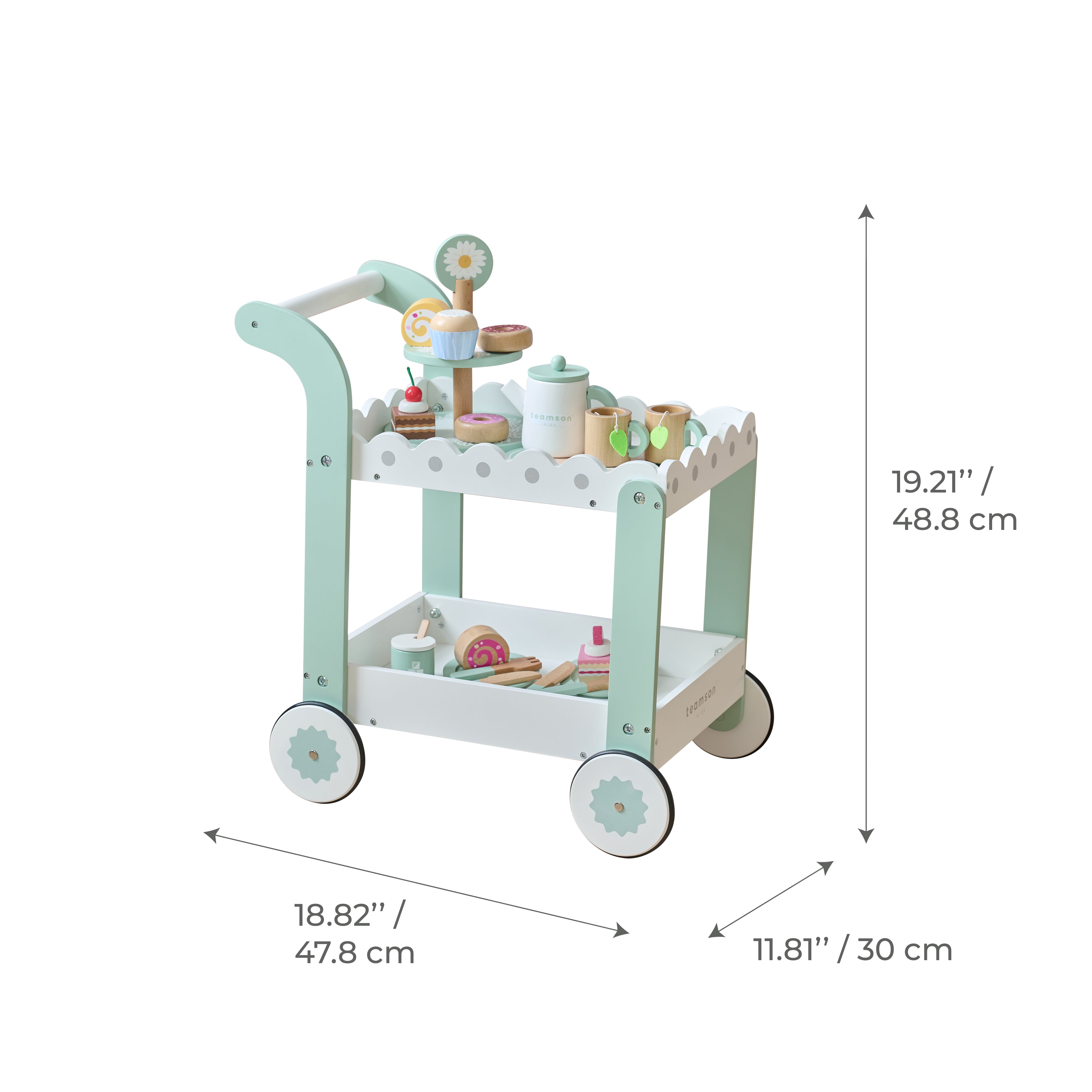  Teamson Kids -  Afternoon Sip Wood Dessert Cart with 21 Pieces & Rotatable Wheels -  Preschool