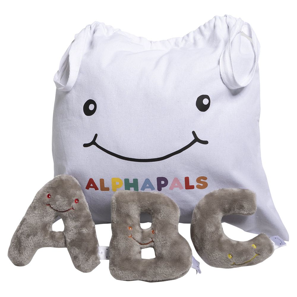  AlphaPals -  Alphabet Mini Plush Set - Rhino Grey Letters with White Drawstring Bag -  Plush