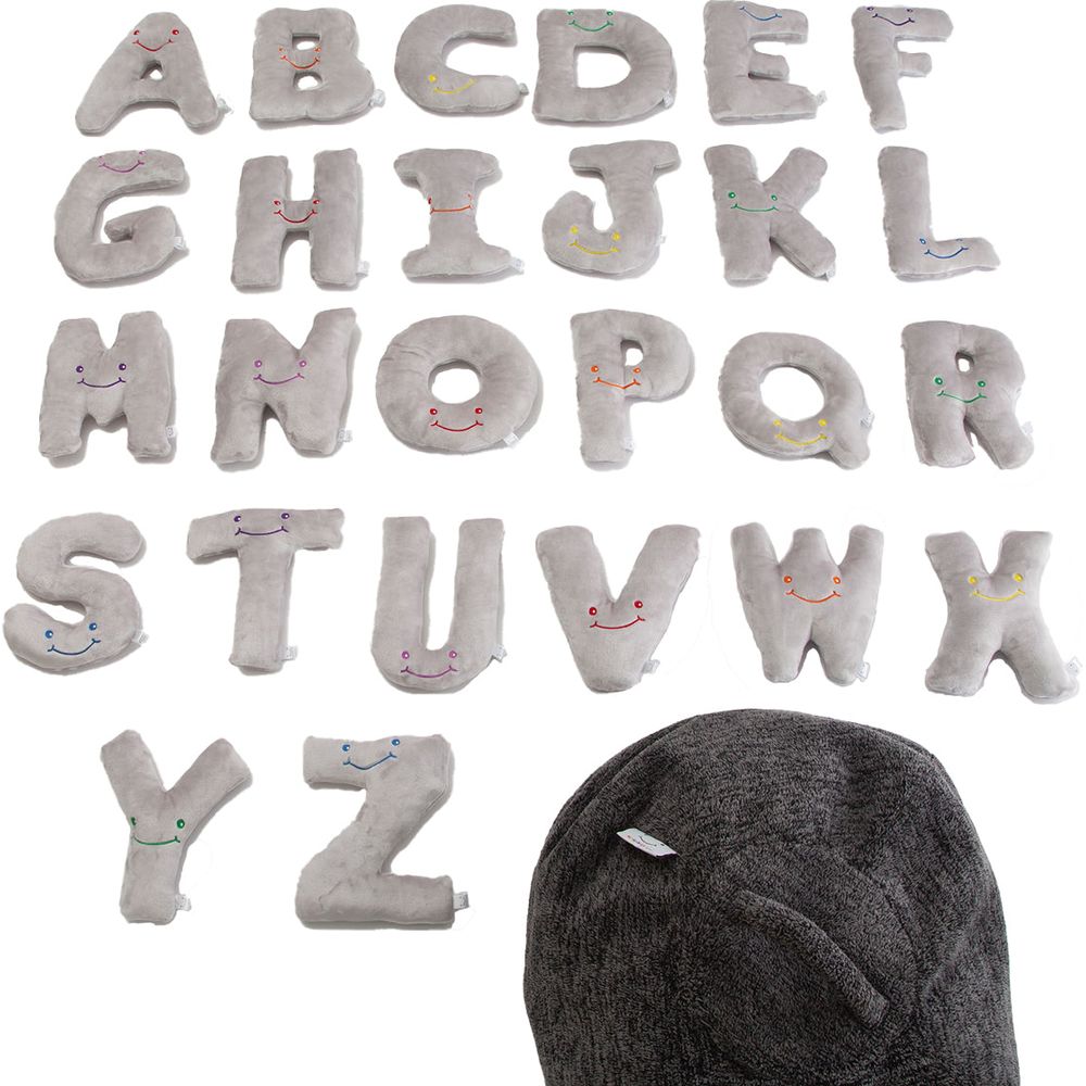  AlphaPals -  Alphabet Plush Set - Dove Grey Letters with Dark Grey Bag -  Plush