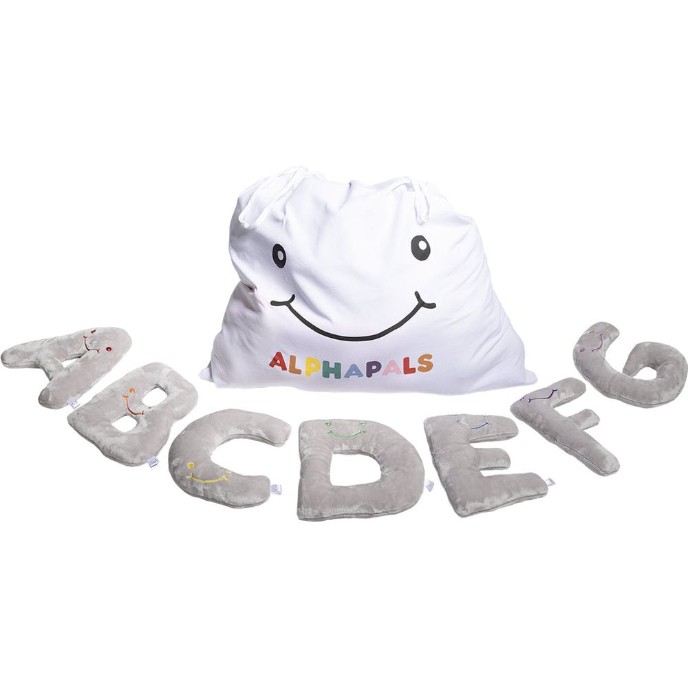  AlphaPals -  Alphabet Plush Set - Dove Grey Letters with White Drawstring Bag -  Plush