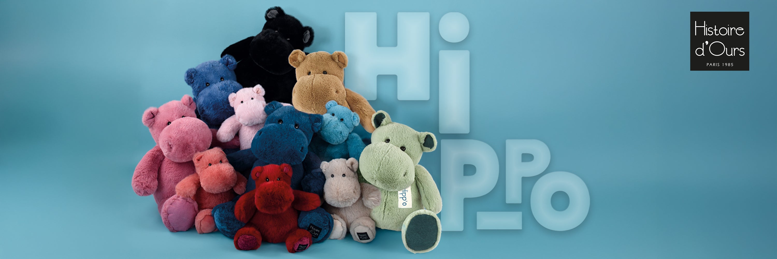 Colorful teddy bears on a blue background with 'Hi Hippo' text and a brand logo.