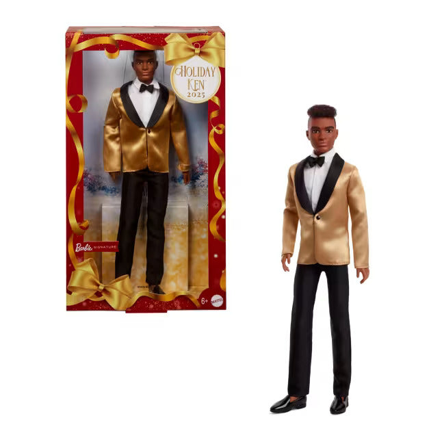  Barbie -  Barbie Signature 2025 Holiday Dark Brown Hair Ken Collectible Fashion Doll Wearing Full Suit With Golden Jacket -  World of Barbie
