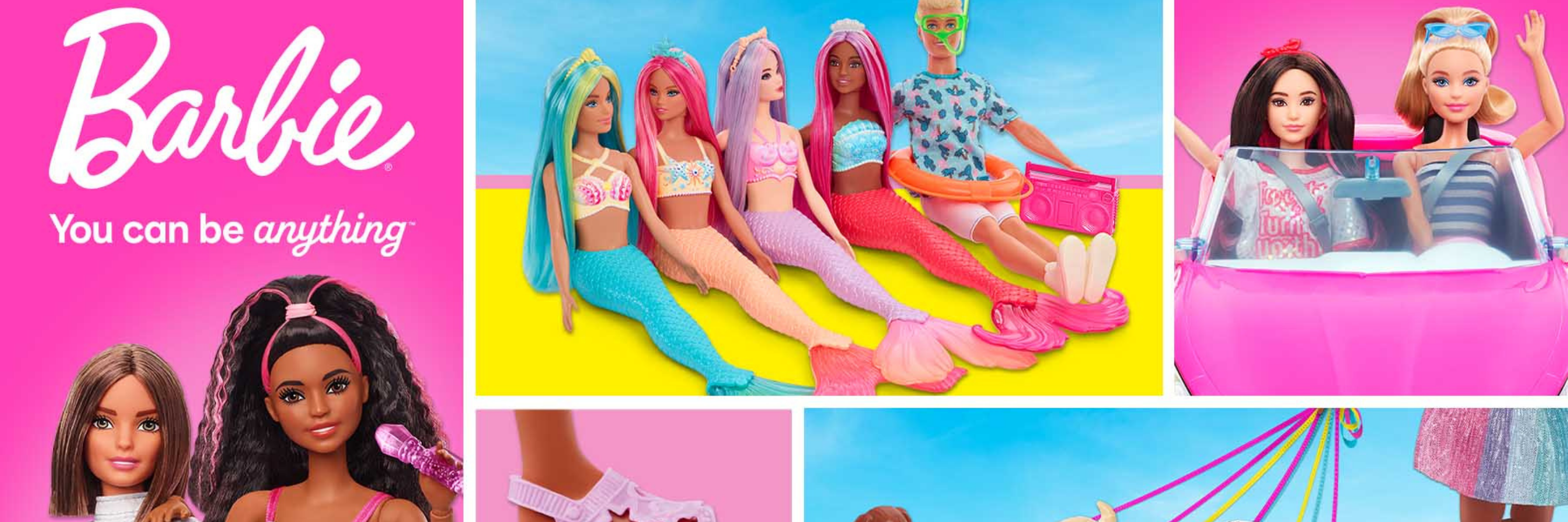 Collage of Barbie dolls in various poses with colorful backgrounds and 'Barbie You can be anything' text.