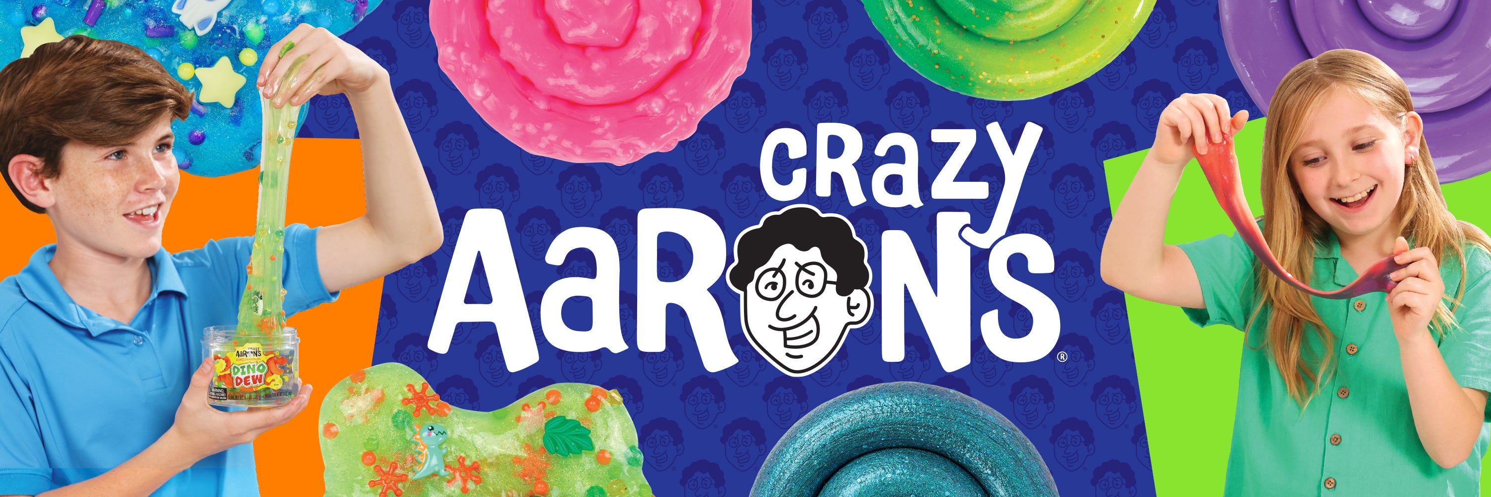 Promotional image of Crazy Aaron's with two children holding colorful products against a vibrant background.