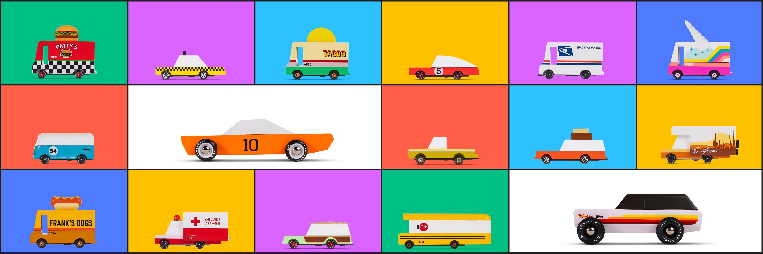 Grid of various cartoon-style vehicles on colorful squares