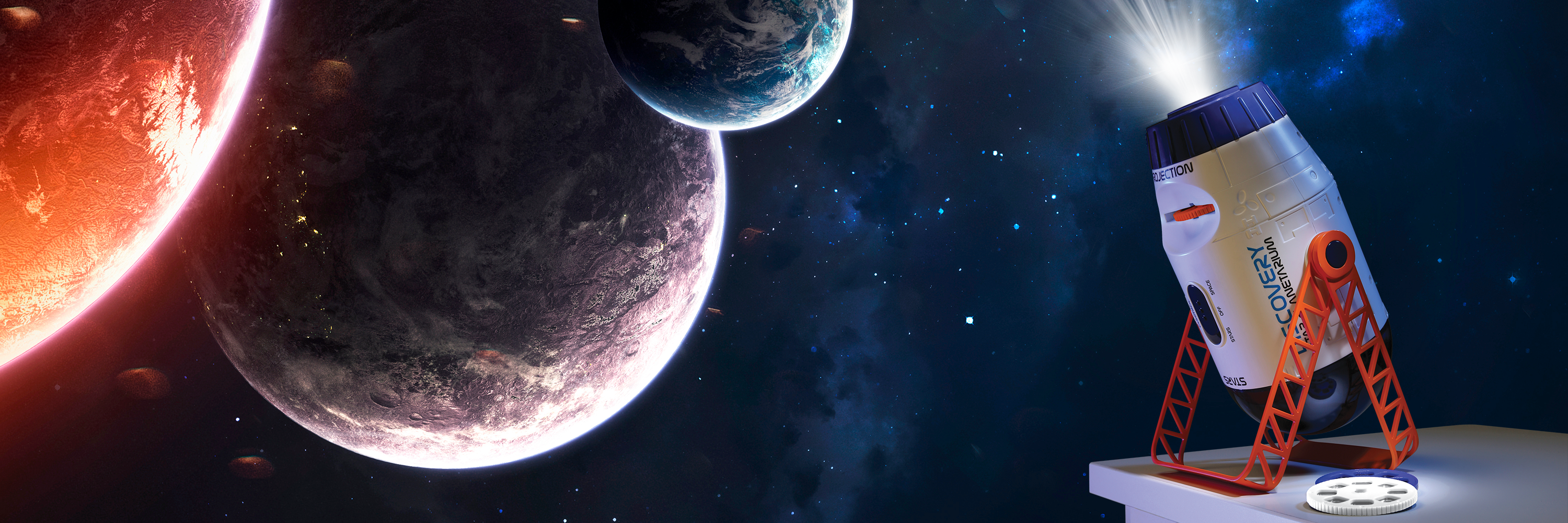 Space rocket launching with planets in the background