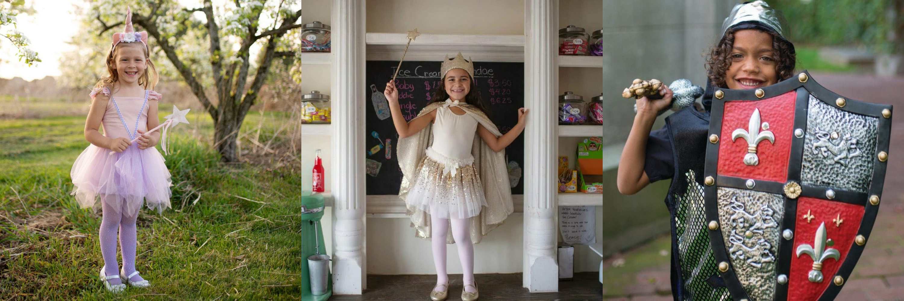 Three children in different costumes: fairy, superhero, and knight, with a natural and indoor setting.