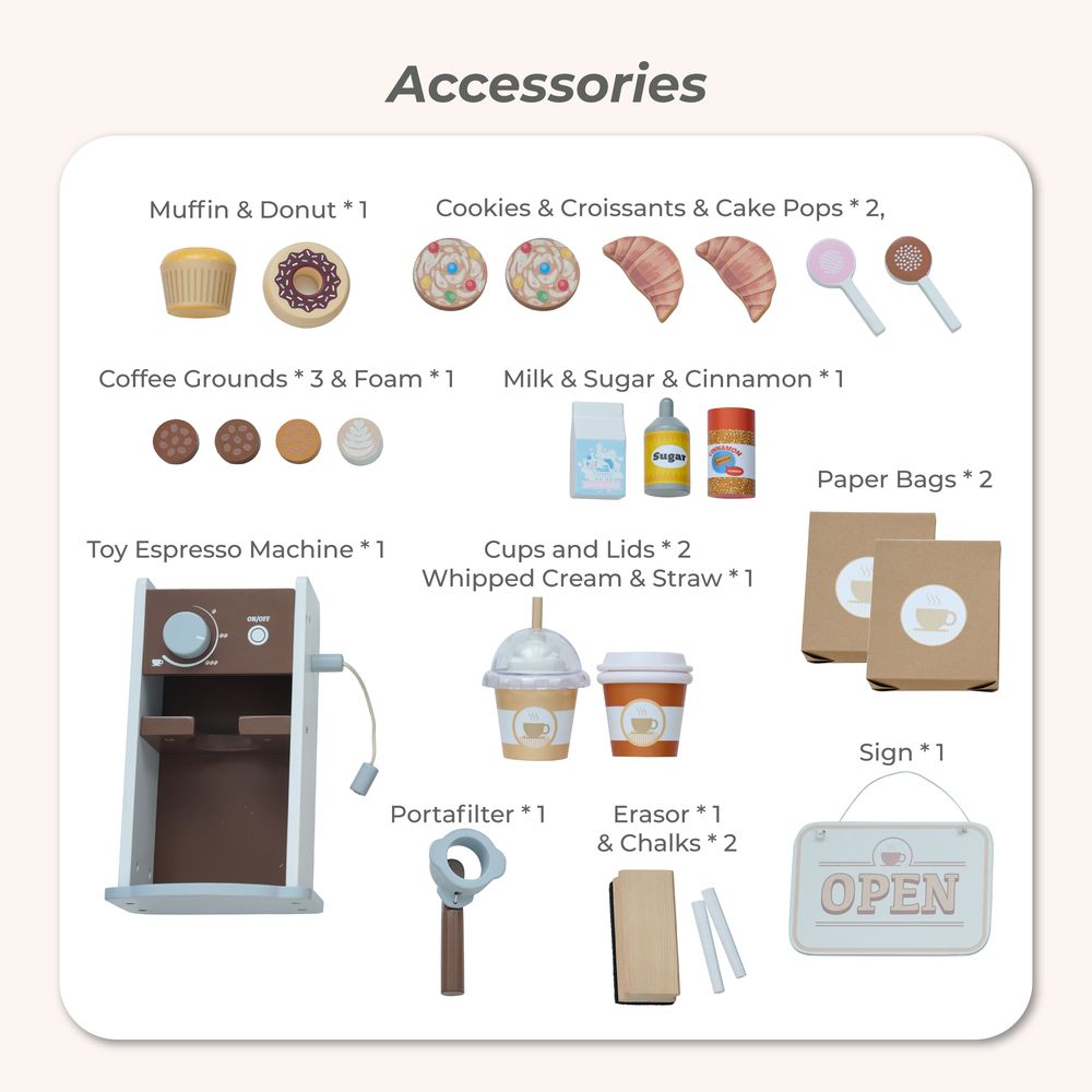  Teamson Kids -  Espresso Treats Wooden Coffee Stand with 29 Accessories -  Preschool