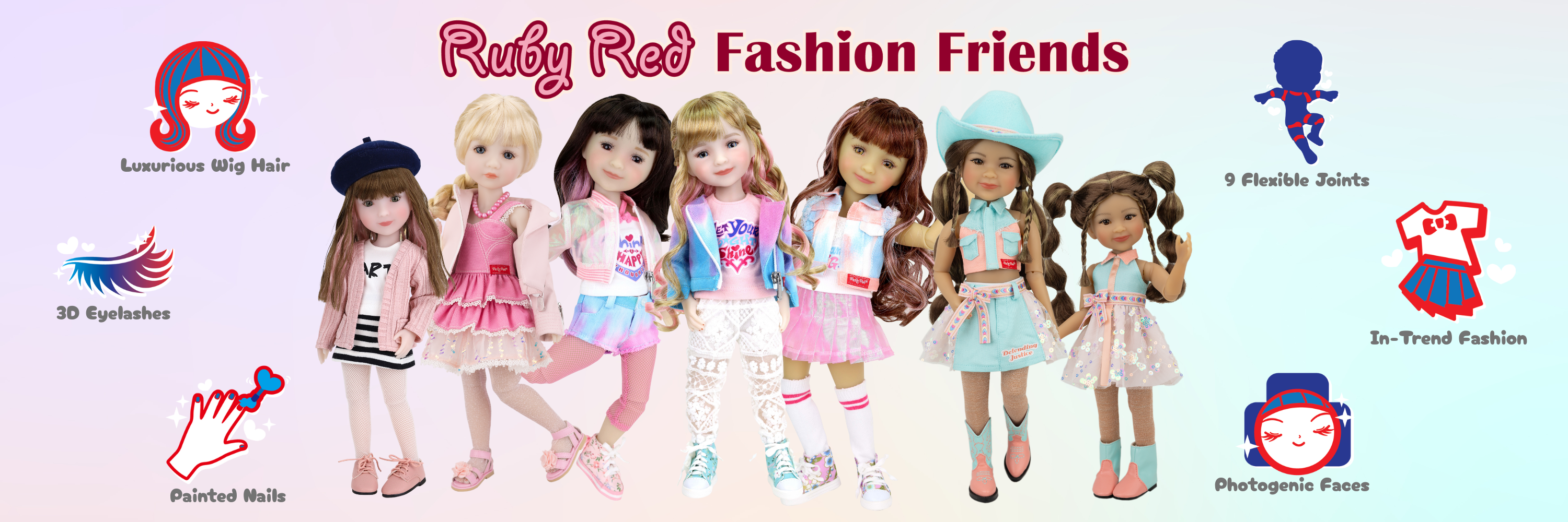 Promotional banner for Ruby Red Fashion Friends dolls with various dolls and accessories.