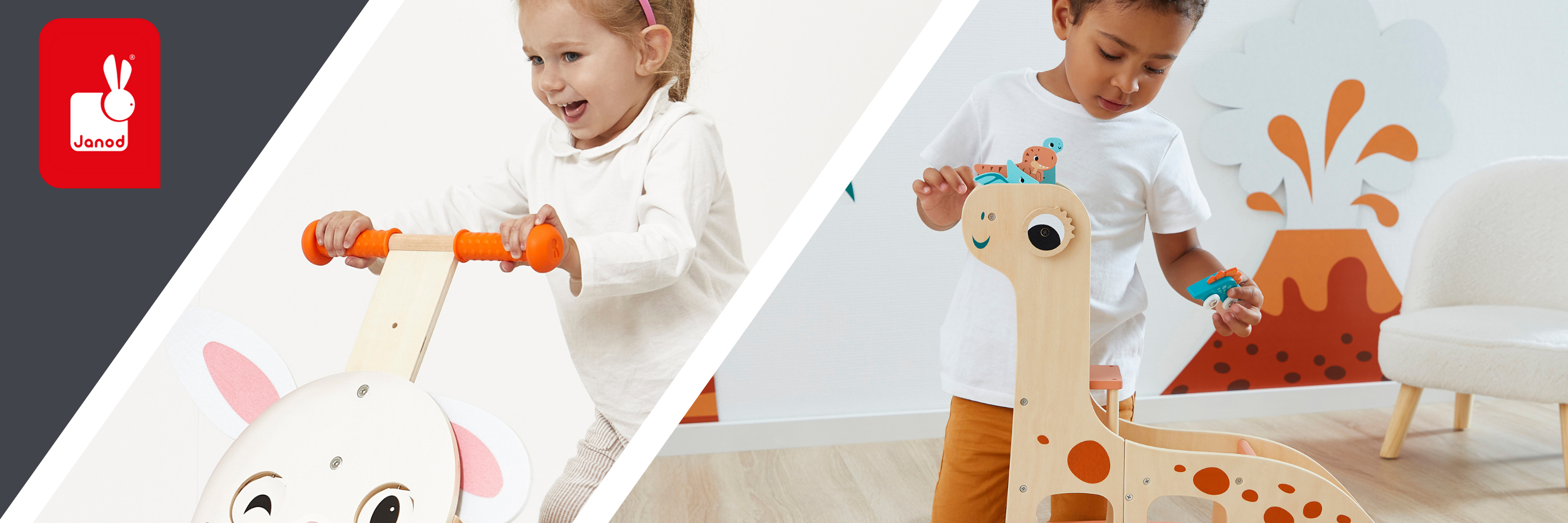 Two children playing with toys in a room, with a toy company logo in the corner.