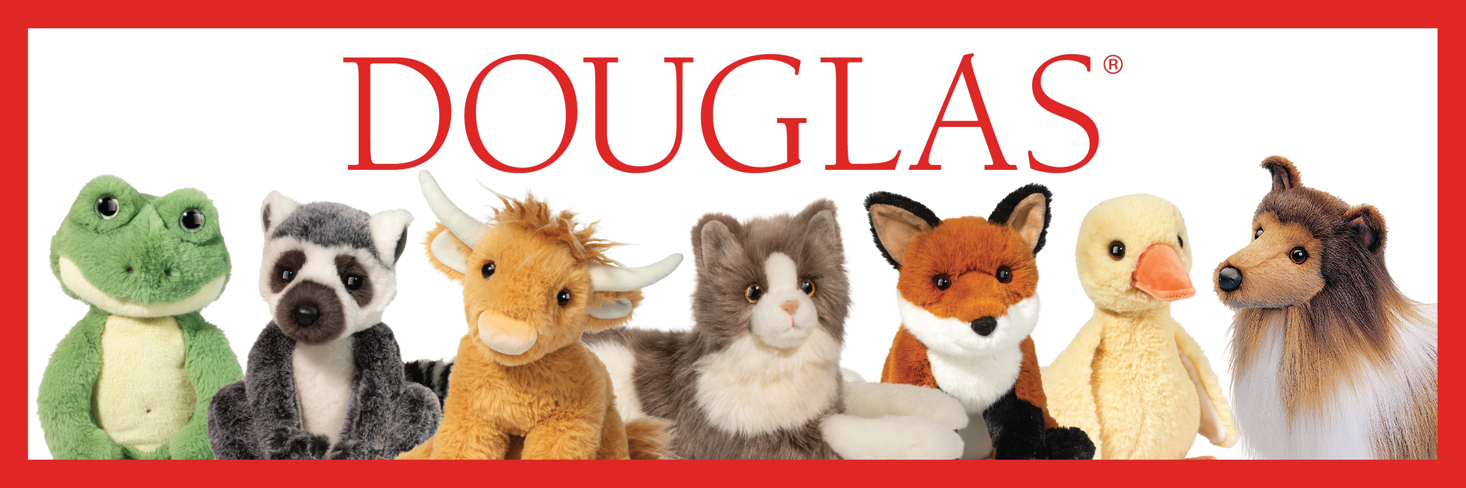 Row of Douglas plush toys on a red background with the Douglas logo.