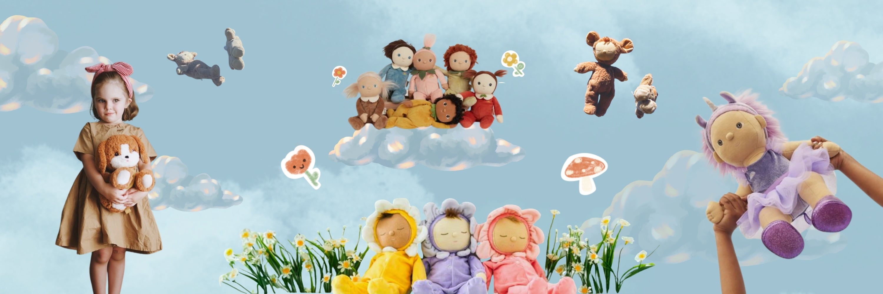 Collage of children with plush toys against a blue sky background