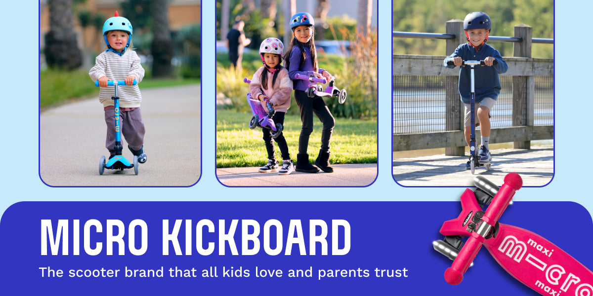 Children using Micro kickboards with promotional text and branding.