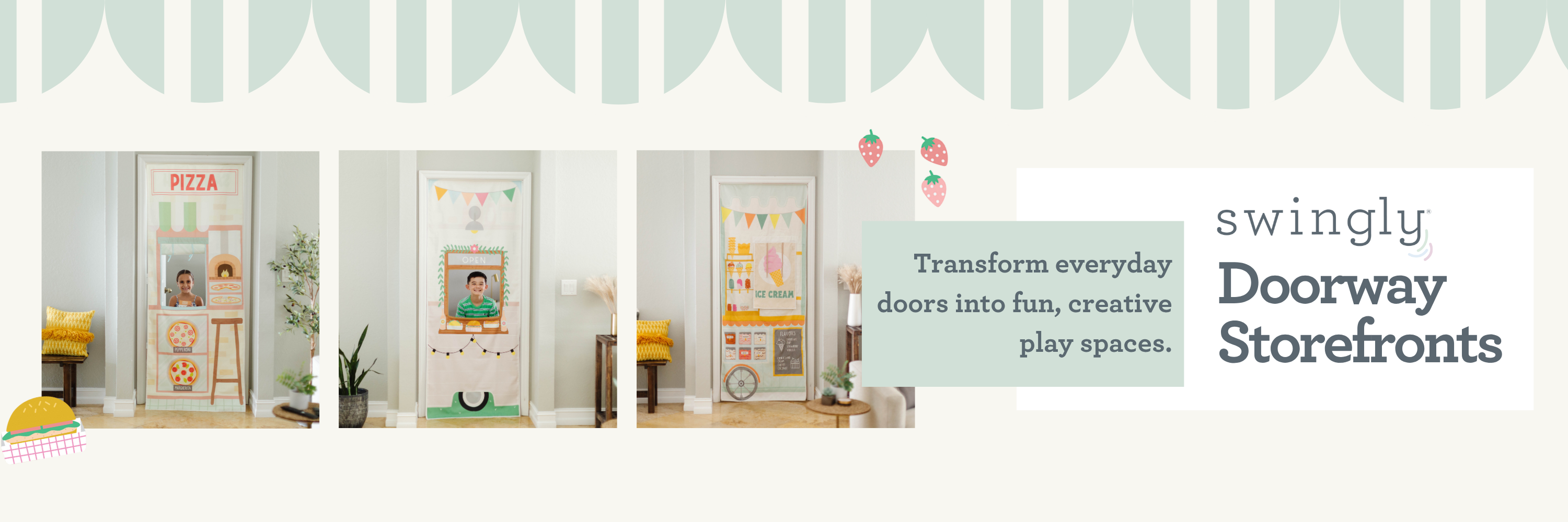 Swingly Doorway Storefronts with decorative elements and text on a white background