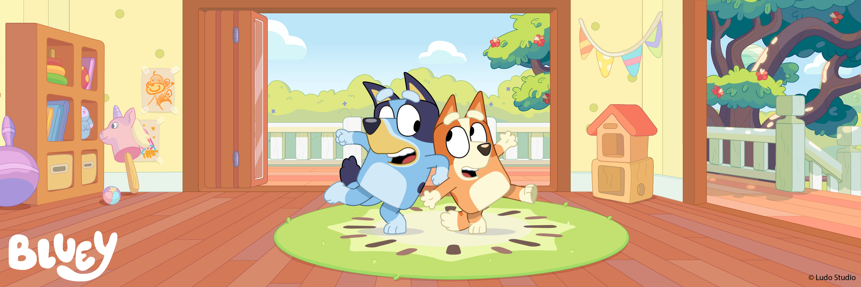 Cartoon characters in a colorful room with furniture and outdoor view