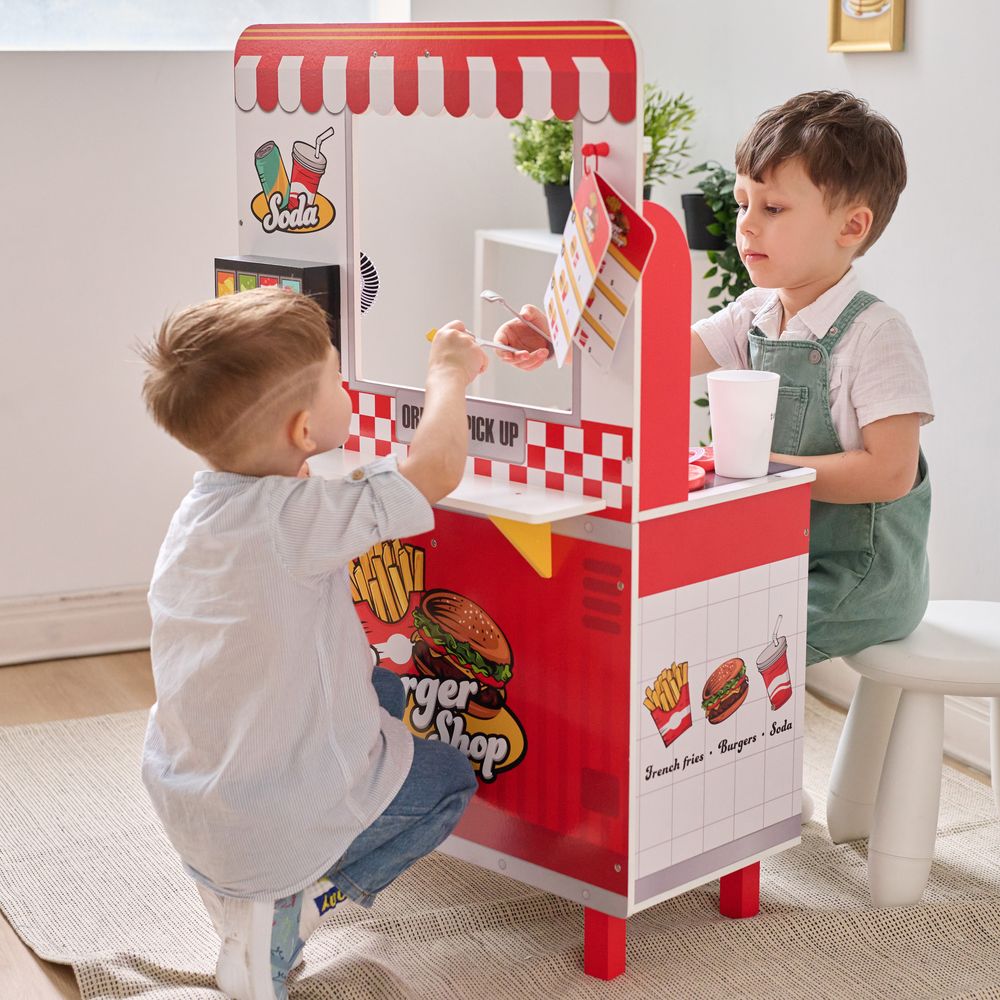  Teamson Kids -  Flip & Fry Wooden Burger Shop with 29 Pcs Accessories -  Preschool