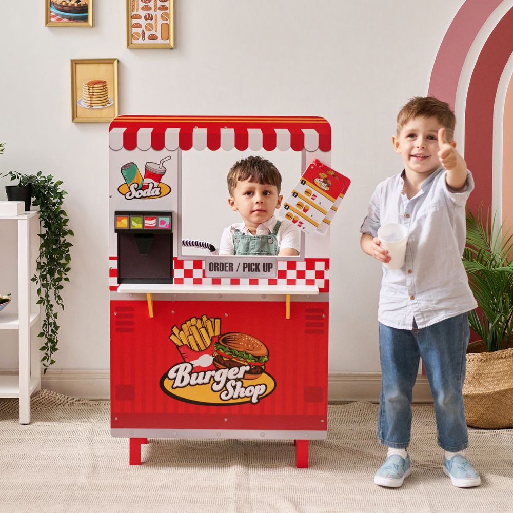  Teamson Kids -  Flip & Fry Wooden Burger Shop with 29 Pcs Accessories -  Preschool