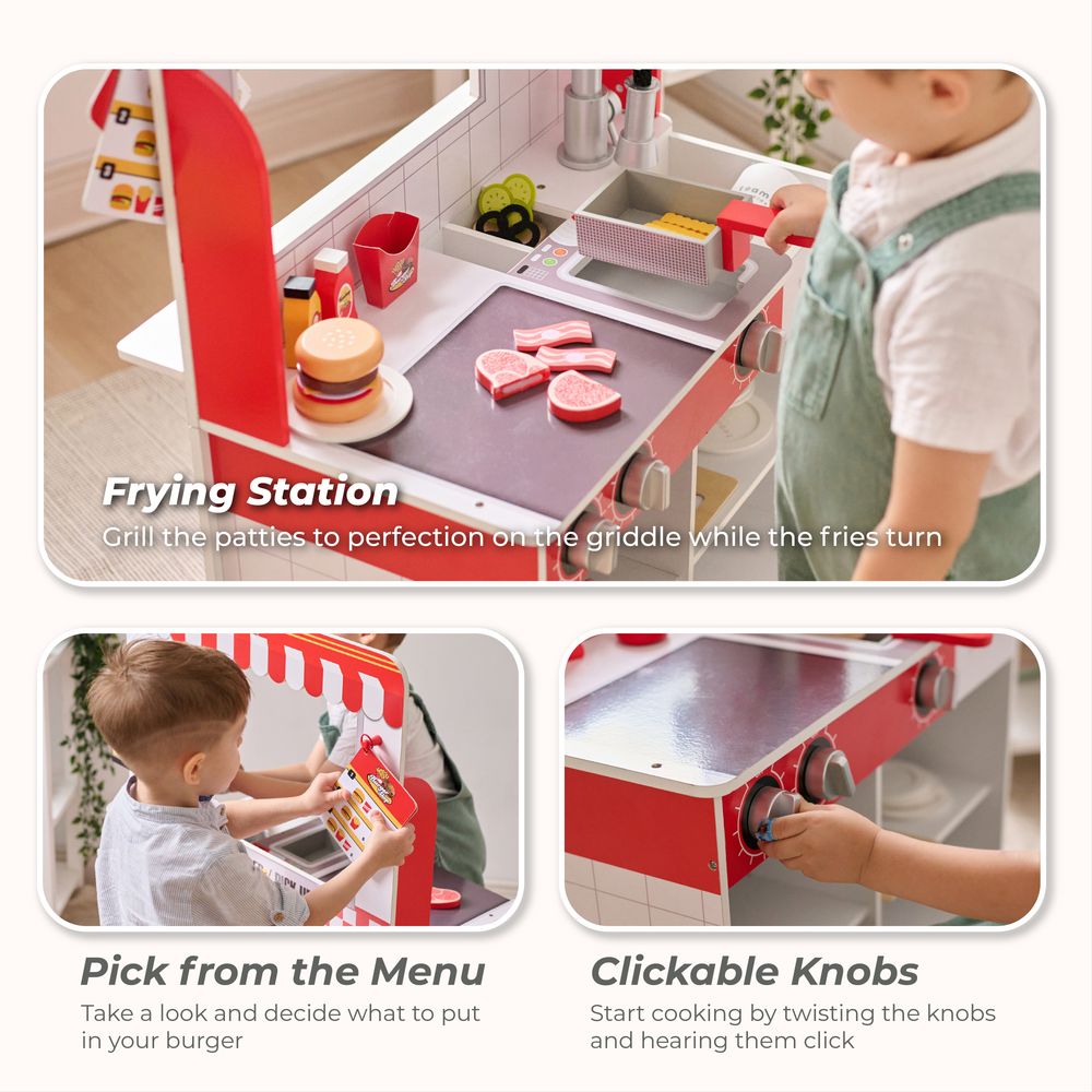  Teamson Kids -  Flip & Fry Wooden Burger Shop with 29 Pcs Accessories -  Preschool