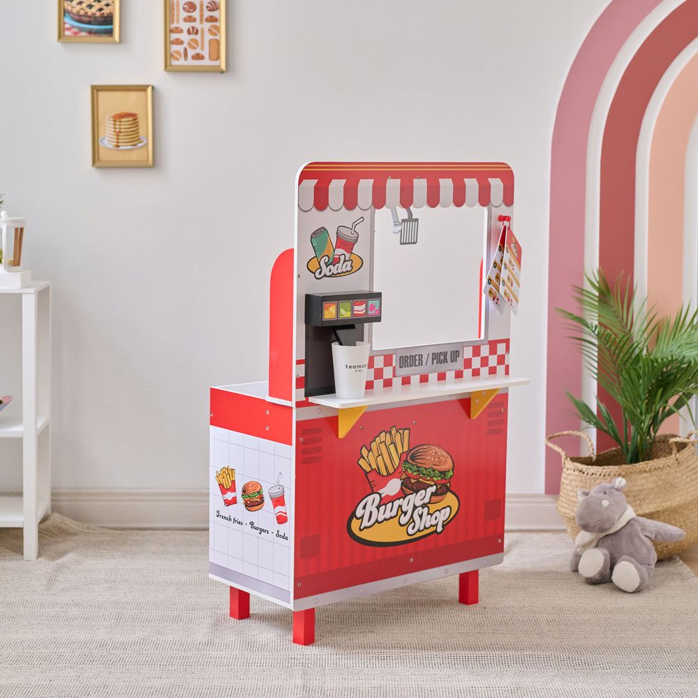  Teamson Kids -  Flip & Fry Wooden Burger Shop with 29 Pcs Accessories -  Preschool