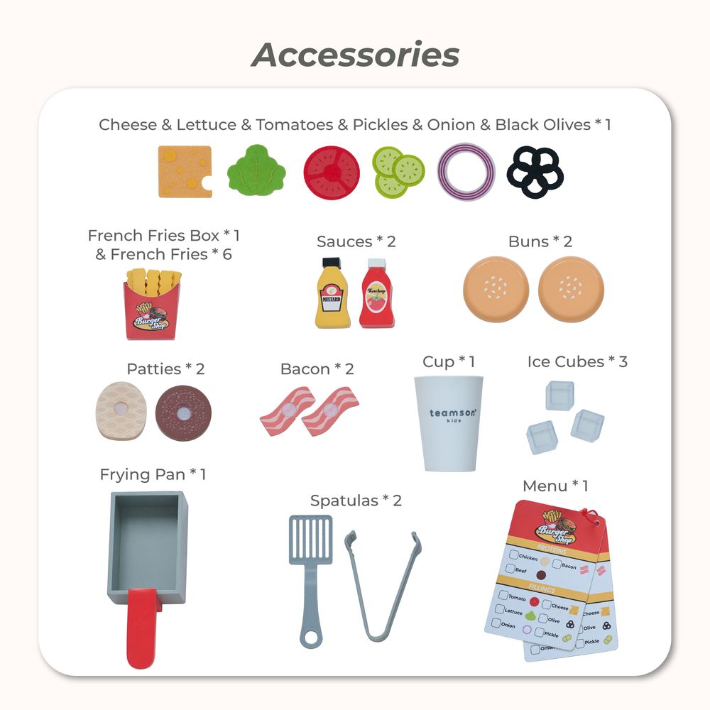  Teamson Kids -  Flip & Fry Wooden Burger Shop with 29 Pcs Accessories -  Preschool