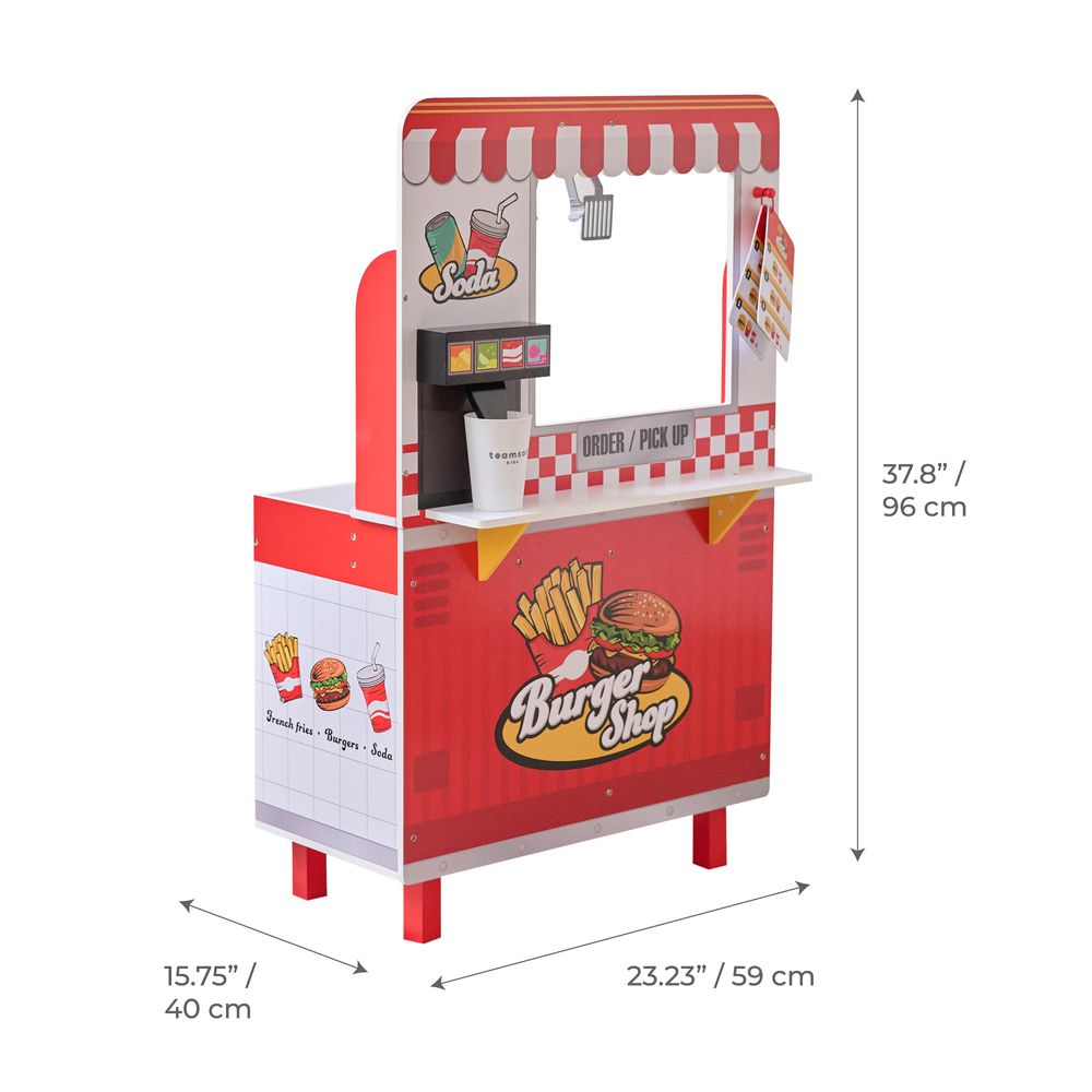 Teamson Kids -  Flip & Fry Wooden Burger Shop with 29 Pcs Accessories -  Preschool