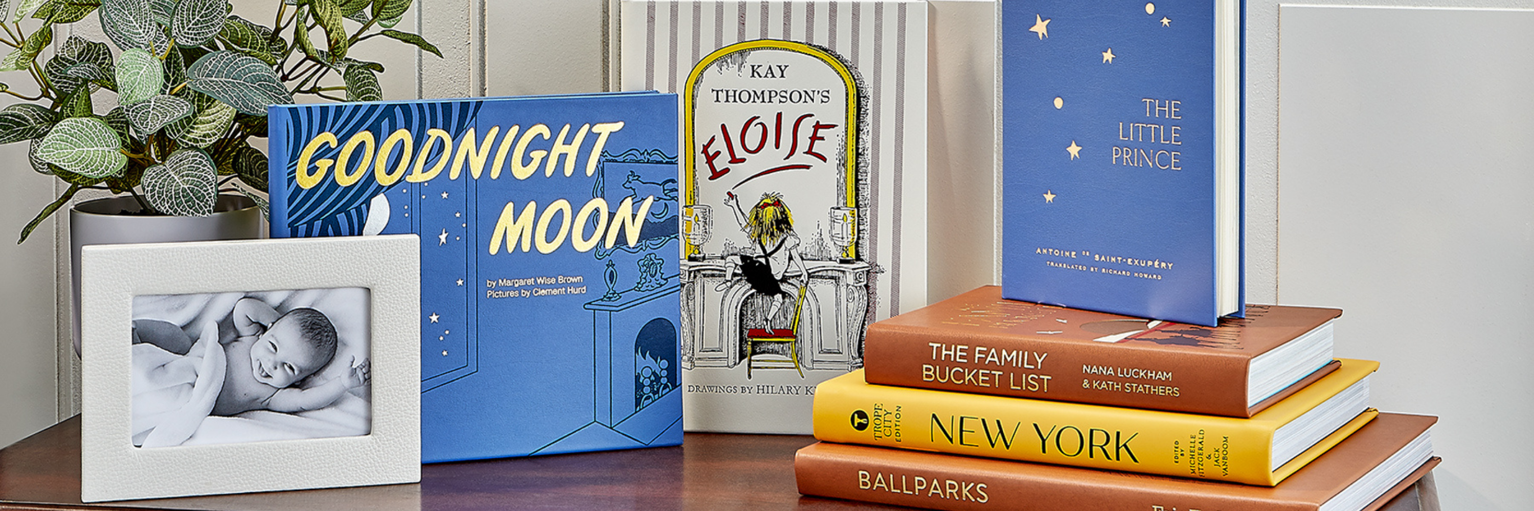 Collection of children's books on a wooden surface with a plant and photo frame in the background.