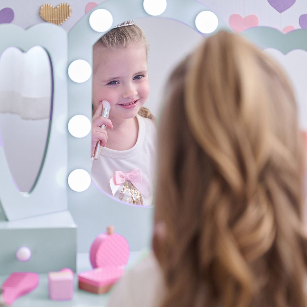  Teamson Kids -  Heart Glow Wooden Vanity Set with LED Lights Mirror & Stool - Blue -  Room Decor