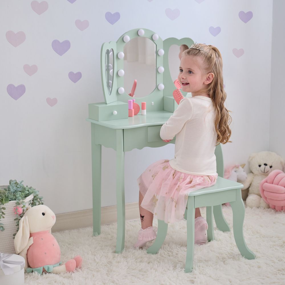  Teamson Kids -  Heart Glow Wooden Vanity Set with LED Lights Mirror & Stool - Sage Green -  Room Decor