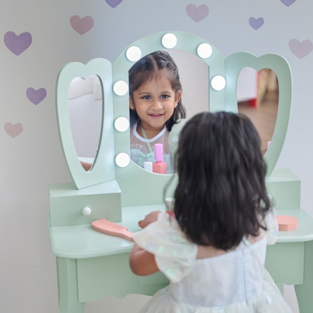  Teamson Kids -  Heart Glow Wooden Vanity Set with LED Lights Mirror & Stool - Sage Green -  Room Decor