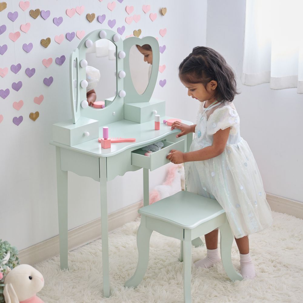  Teamson Kids -  Heart Glow Wooden Vanity Set with LED Lights Mirror & Stool - Sage Green -  Room Decor