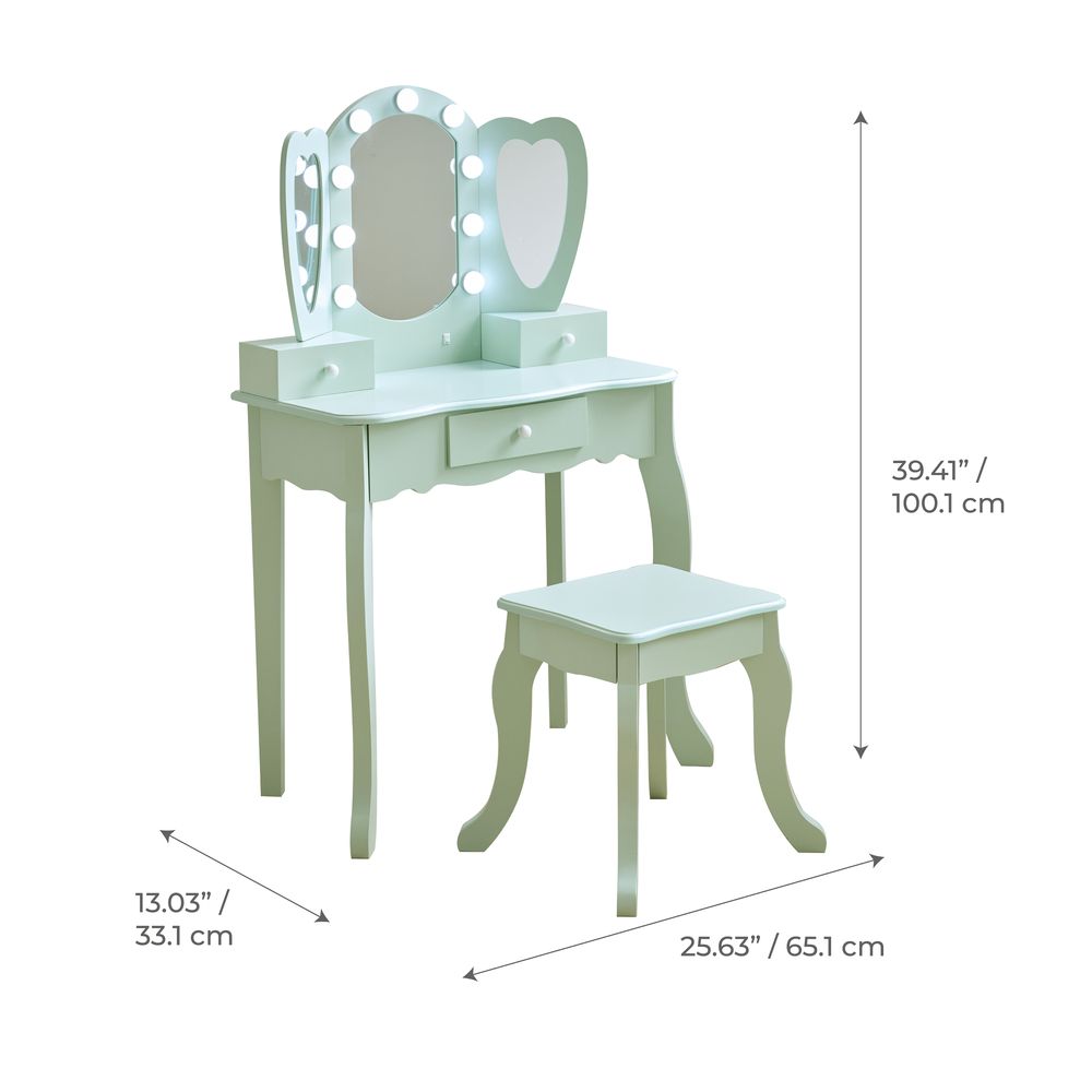  Teamson Kids -  Heart Glow Wooden Vanity Set with LED Lights Mirror & Stool - Sage Green -  Room Decor