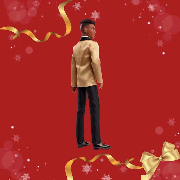 Barbie Signature 2025 Holiday Dark Brown Hair Ken Collectible Fashion Doll Wearing Full Suit With Golden Jacket