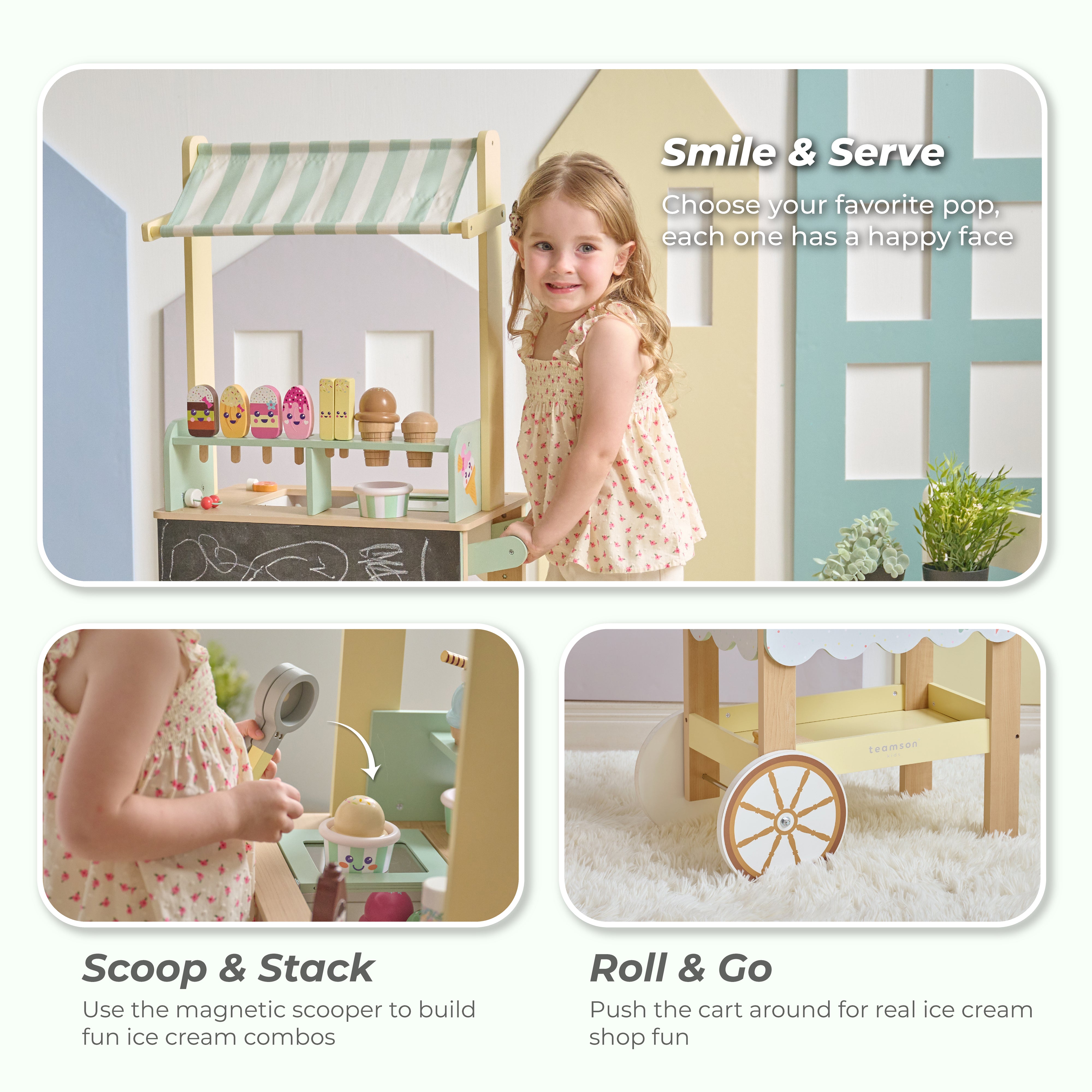  Teamson Kids -  Jolly Pals Wood Ice Cream Stand with 33 Accessories and Chalkboard -  Preschool