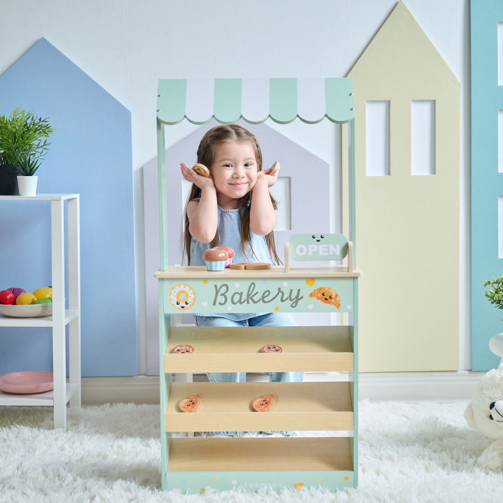  Teamson Kids -  Jolly Pals Wooden Bakery Stand with 12 Pastry Pieces -  Preschool
