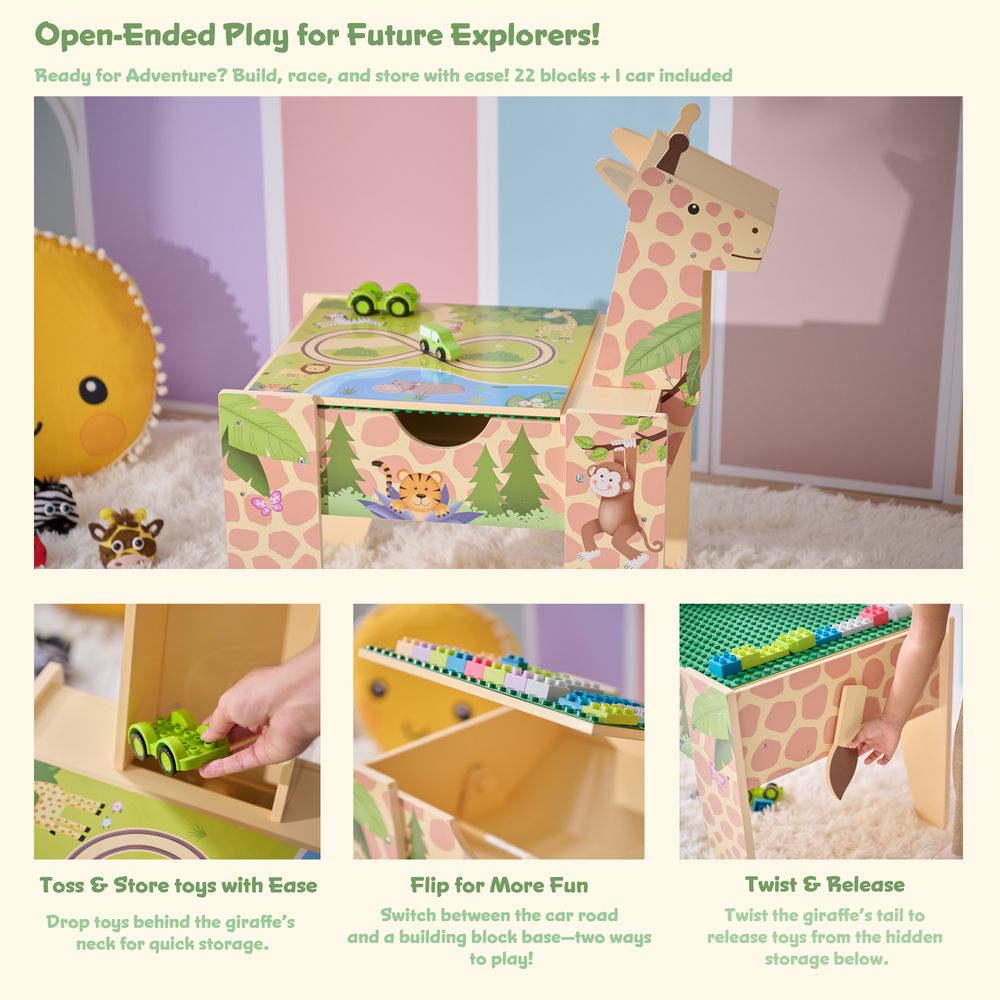 Teamson Kids -  Jungle Giraffe 2-in-1 Wooden Activity Table + 23 Accessories & 1 Car -  Preschool