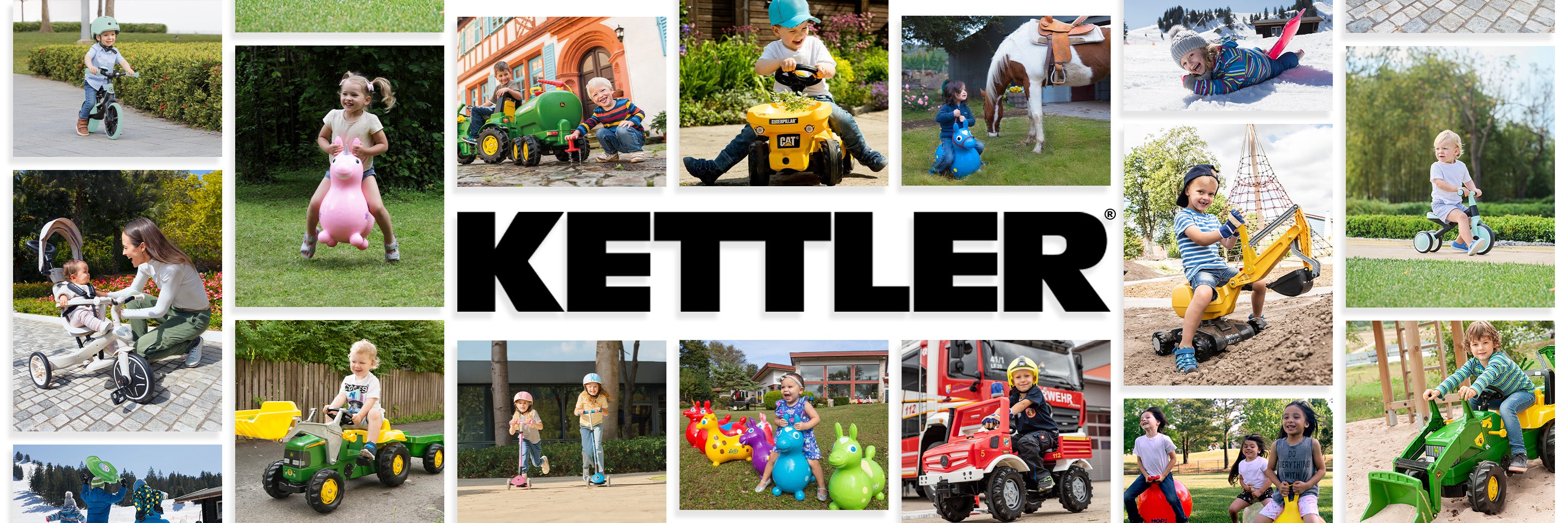 Collage of Kettler toys and equipment with children playing outdoors, featuring the Kettler brand name.
