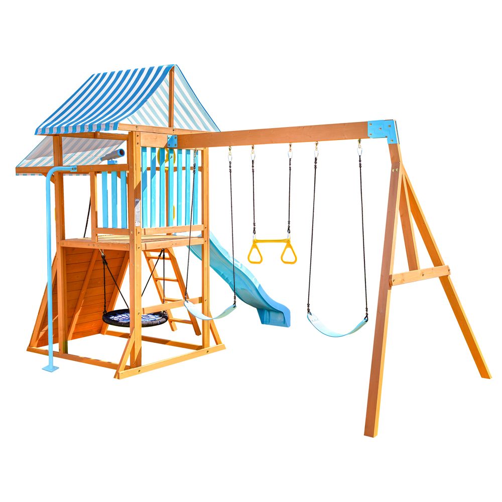  Teamson Kids -  Laguna Wooden Swing Set with Slide & Rock Wall - Aqua & Natural -  Outdoor