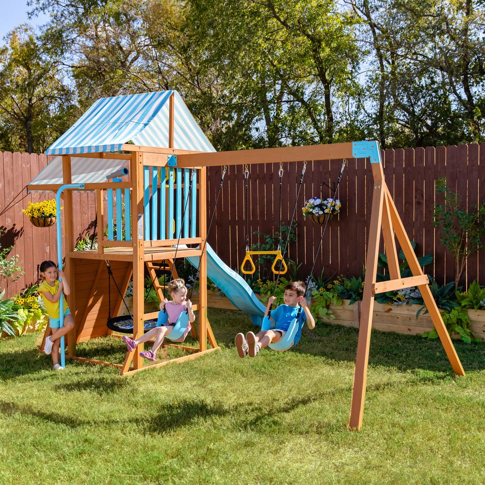  Teamson Kids -  Laguna Wooden Swing Set with Slide & Rock Wall - Aqua & Natural -  Outdoor