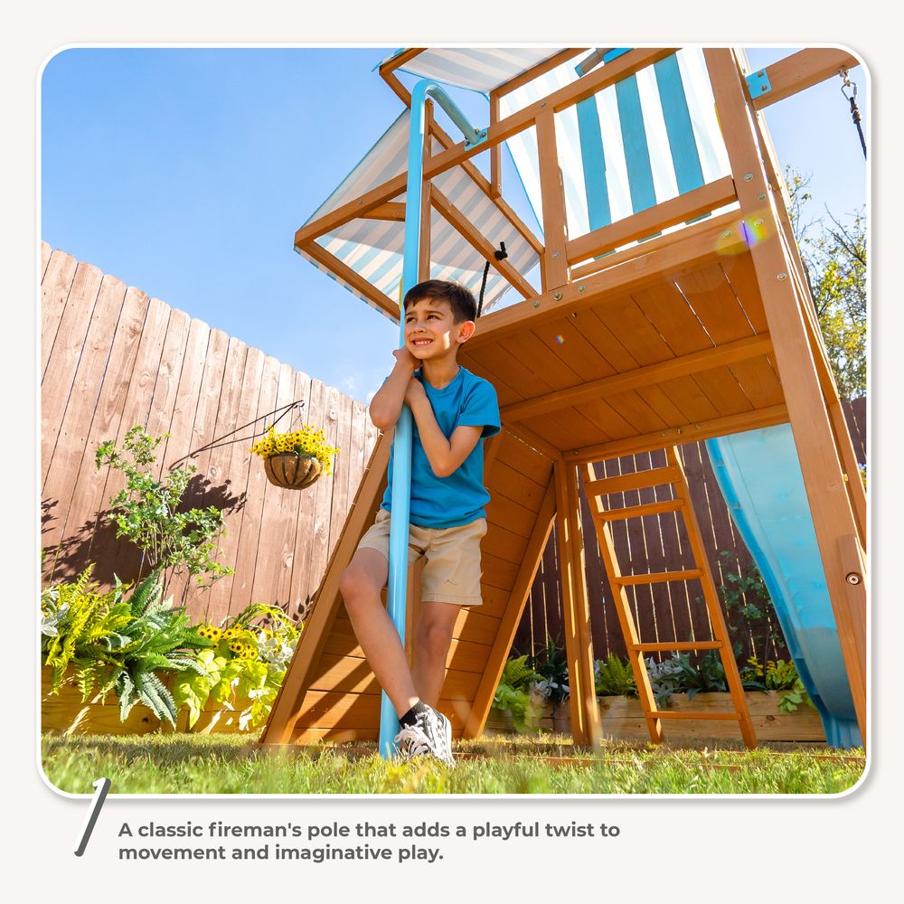 Teamson Kids -  Laguna Wooden Swing Set with Slide & Rock Wall - Aqua & Natural -  Outdoor