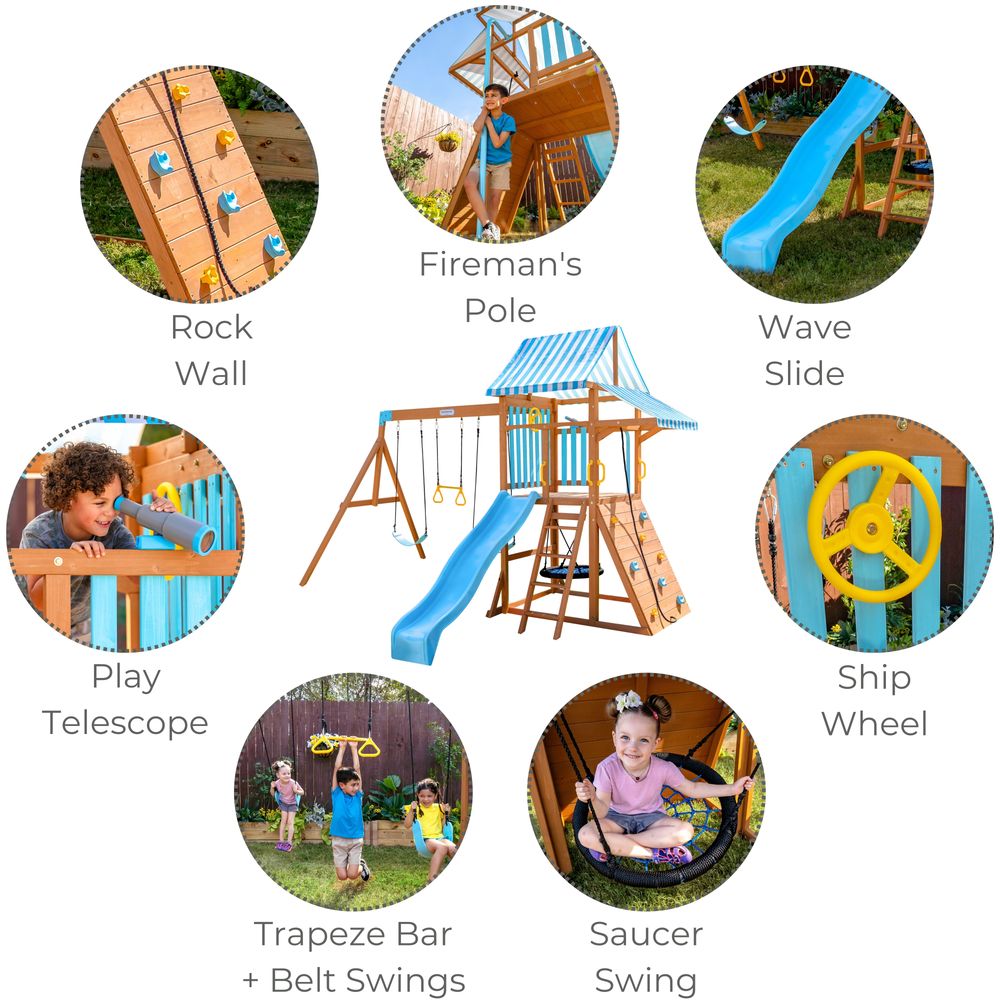  Teamson Kids -  Laguna Wooden Swing Set with Slide & Rock Wall - Aqua & Natural -  Outdoor