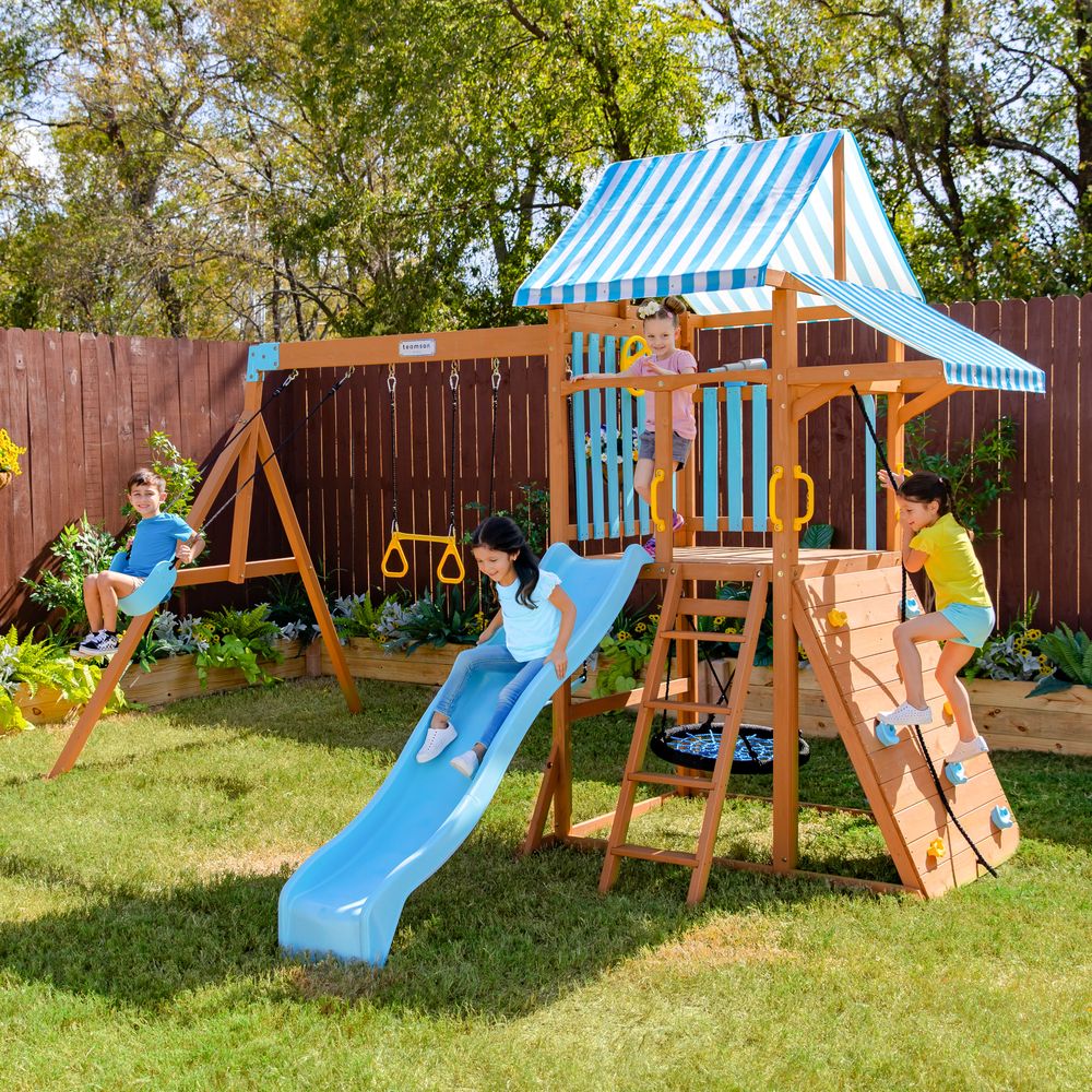  Teamson Kids -  Laguna Wooden Swing Set with Slide & Rock Wall - Aqua & Natural -  Outdoor