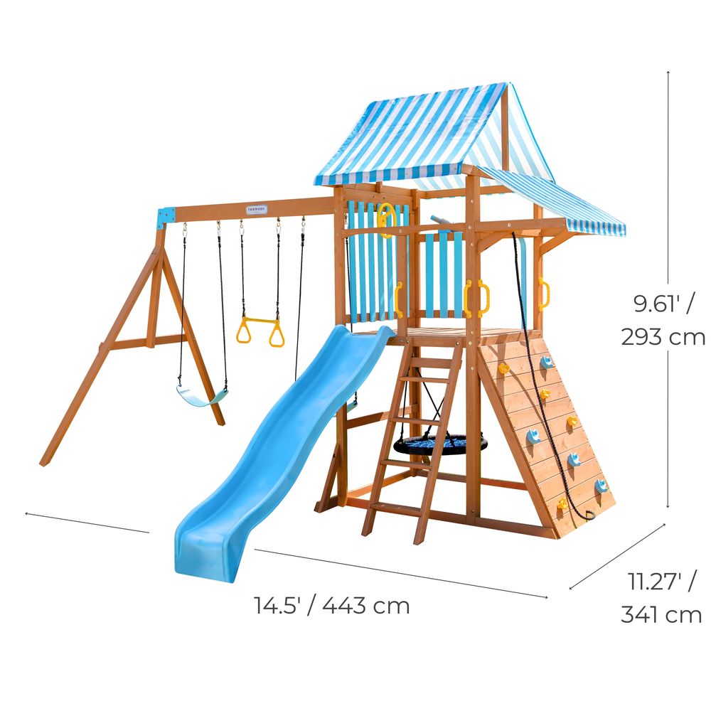  Teamson Kids -  Laguna Wooden Swing Set with Slide & Rock Wall - Aqua & Natural -  Outdoor