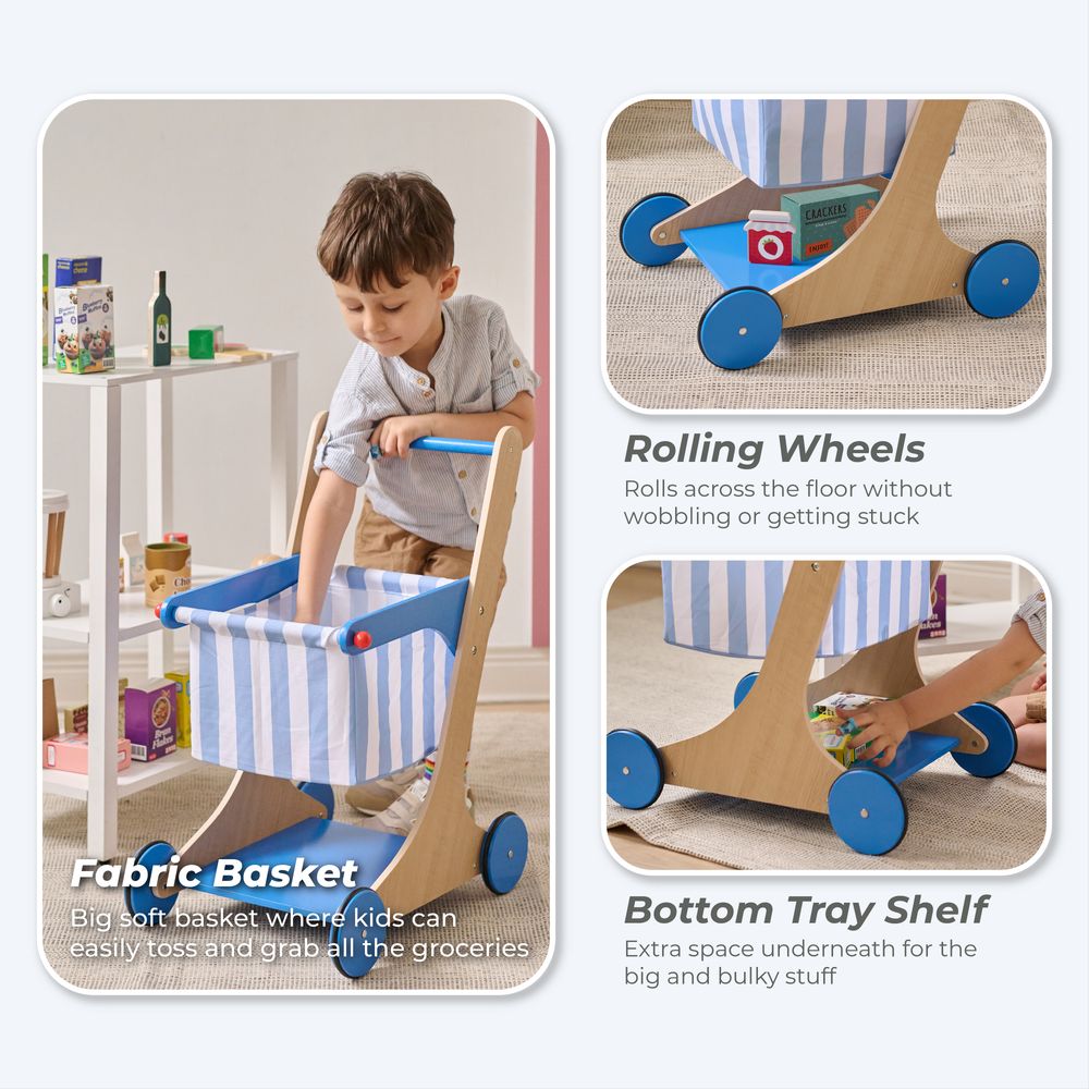  Teamson Kids -  Little Helper Mr. Fresh Wooden Shopping Cart with 13 Grocery Accessories - Blue -  Preschool