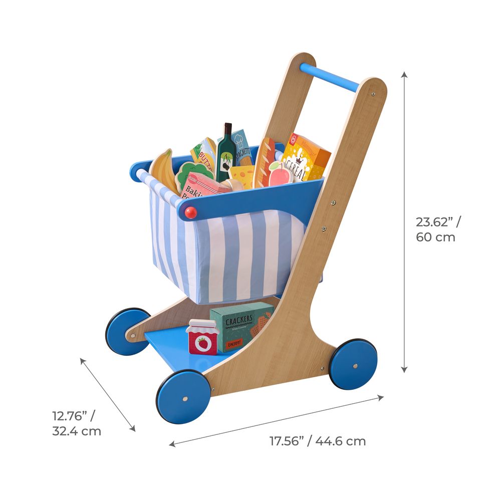  Teamson Kids -  Little Helper Mr. Fresh Wooden Shopping Cart with 13 Grocery Accessories - Blue -  Preschool