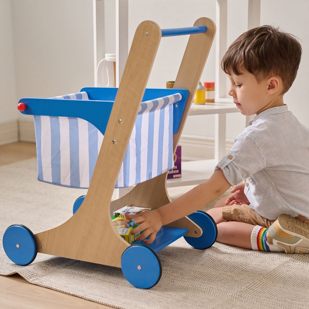  Teamson Kids -  Little Helper Mr. Fresh Wooden Shopping Cart with 13 Grocery Accessories - Blue -  Preschool