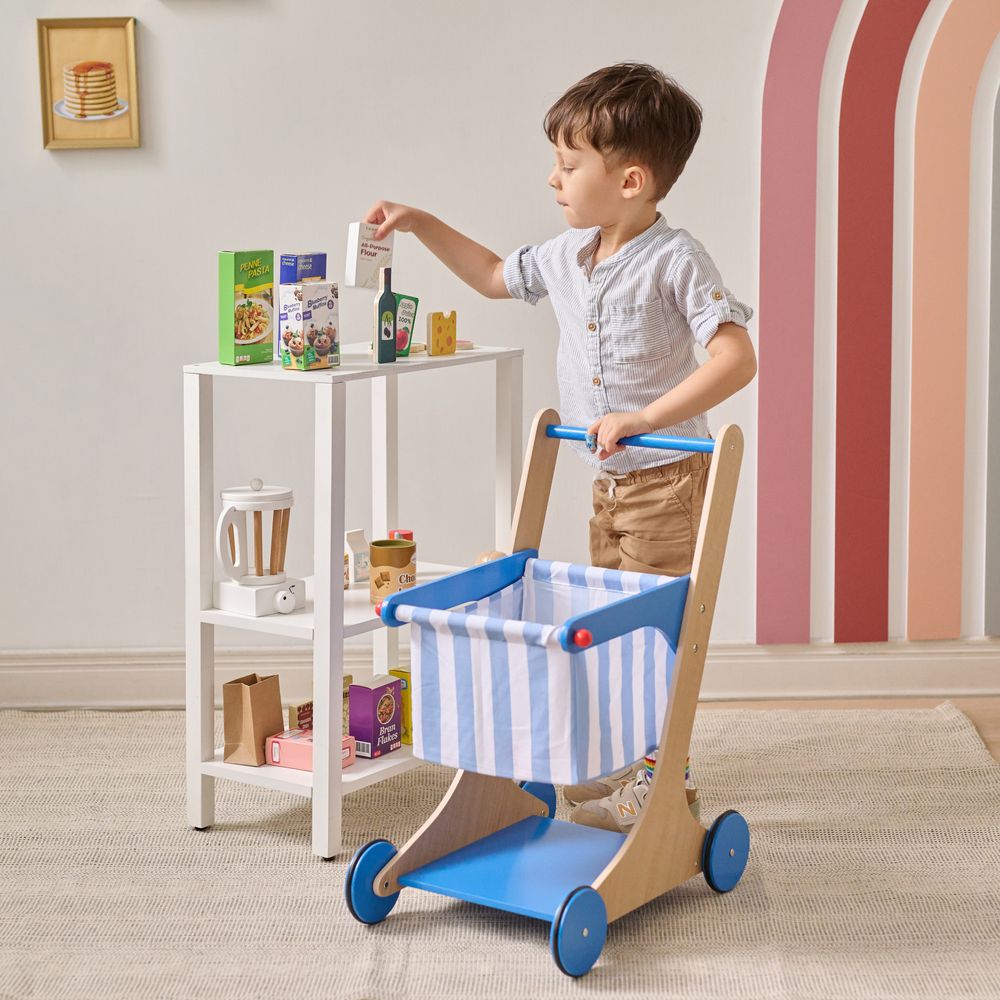  Teamson Kids -  Little Helper Mr. Fresh Wooden Shopping Cart with 13 Grocery Accessories - Blue -  Preschool