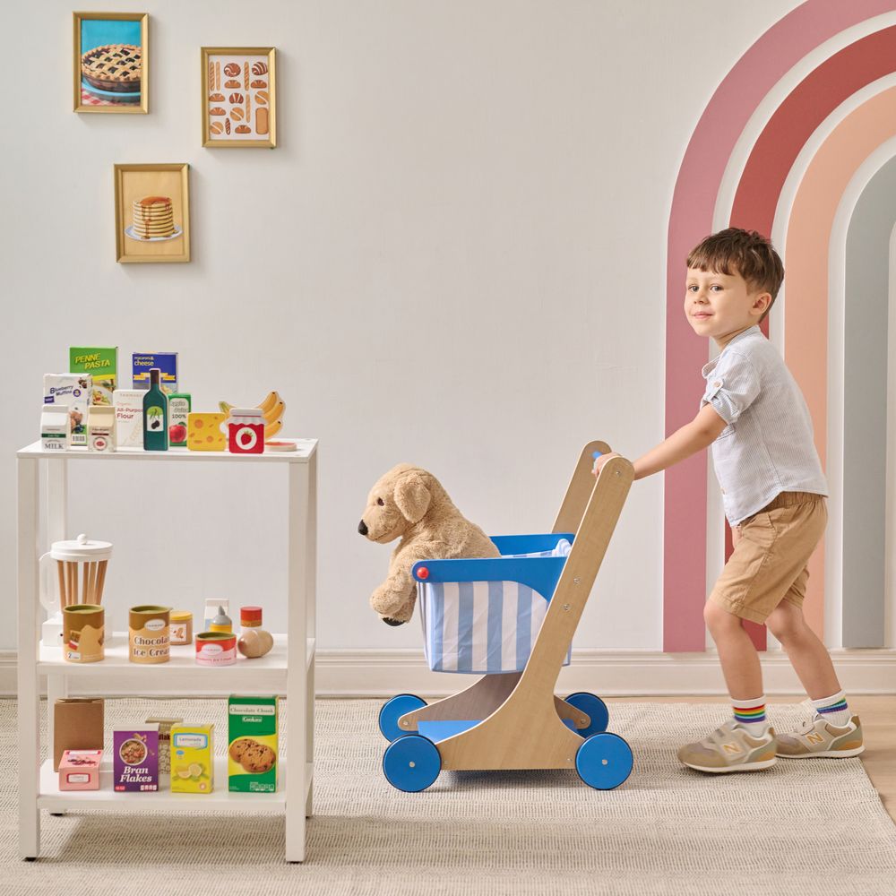  Teamson Kids -  Little Helper Mr. Fresh Wooden Shopping Cart with 13 Grocery Accessories - Blue -  Preschool